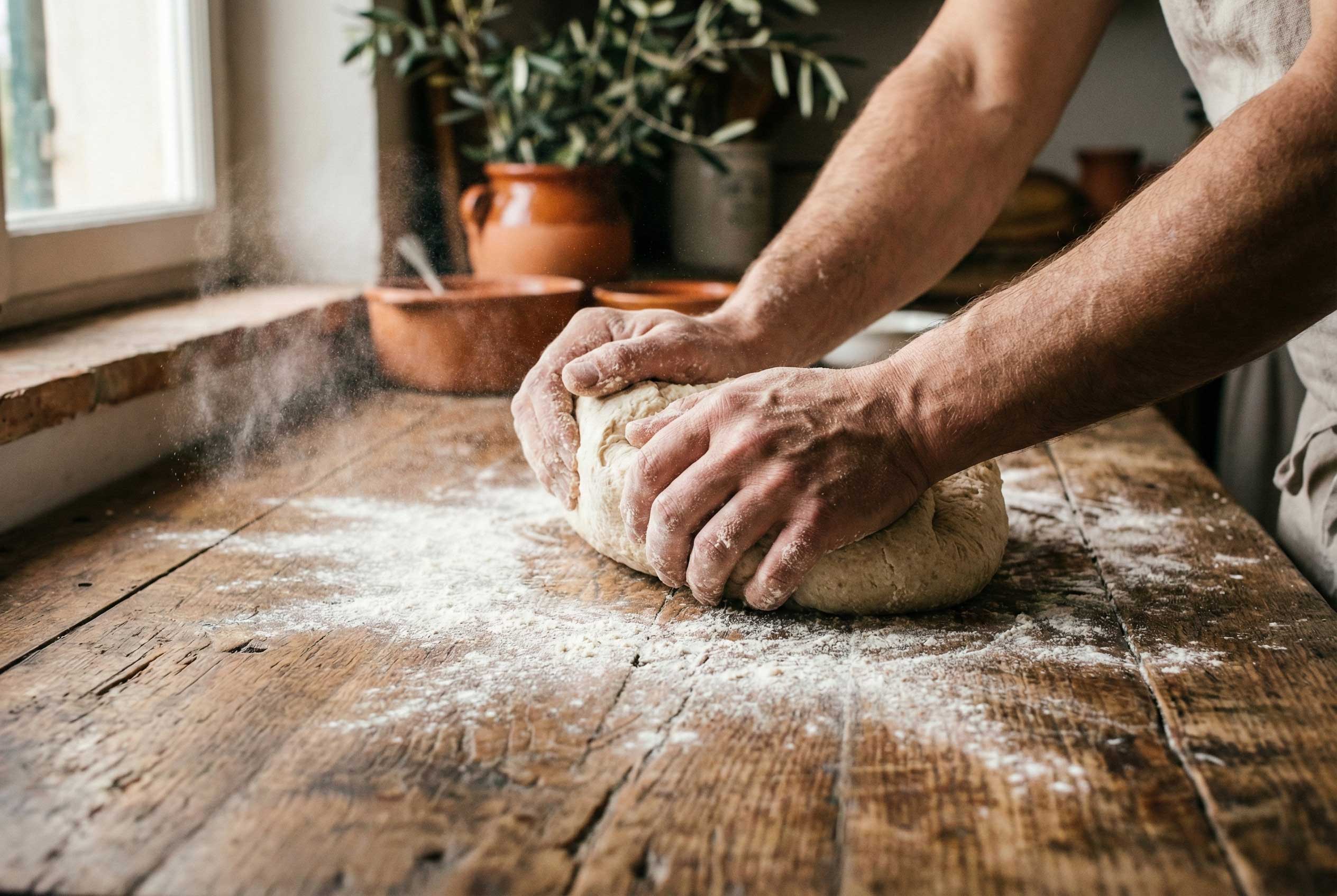 A person kneads fresh dough on a wooden kitchen counter dusted with flour.