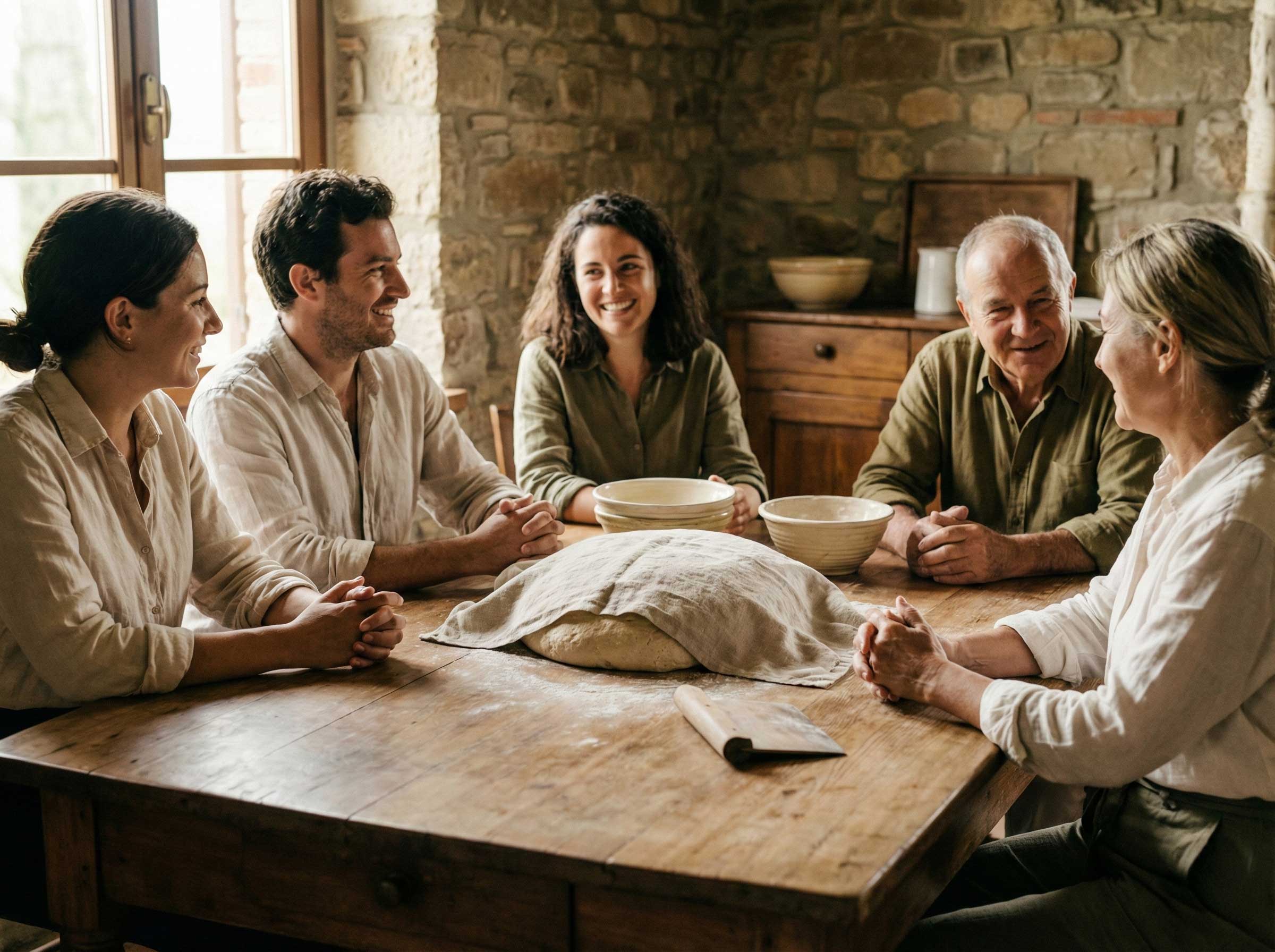 Five people sit around a rustic wooden table in a cozy kitchen.