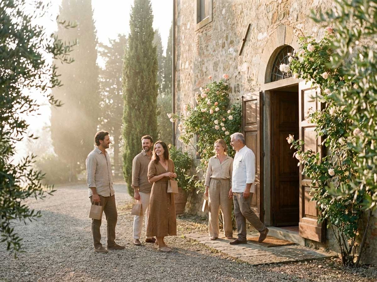 A group gathers outside a rustic stone building surrounded by greenery.