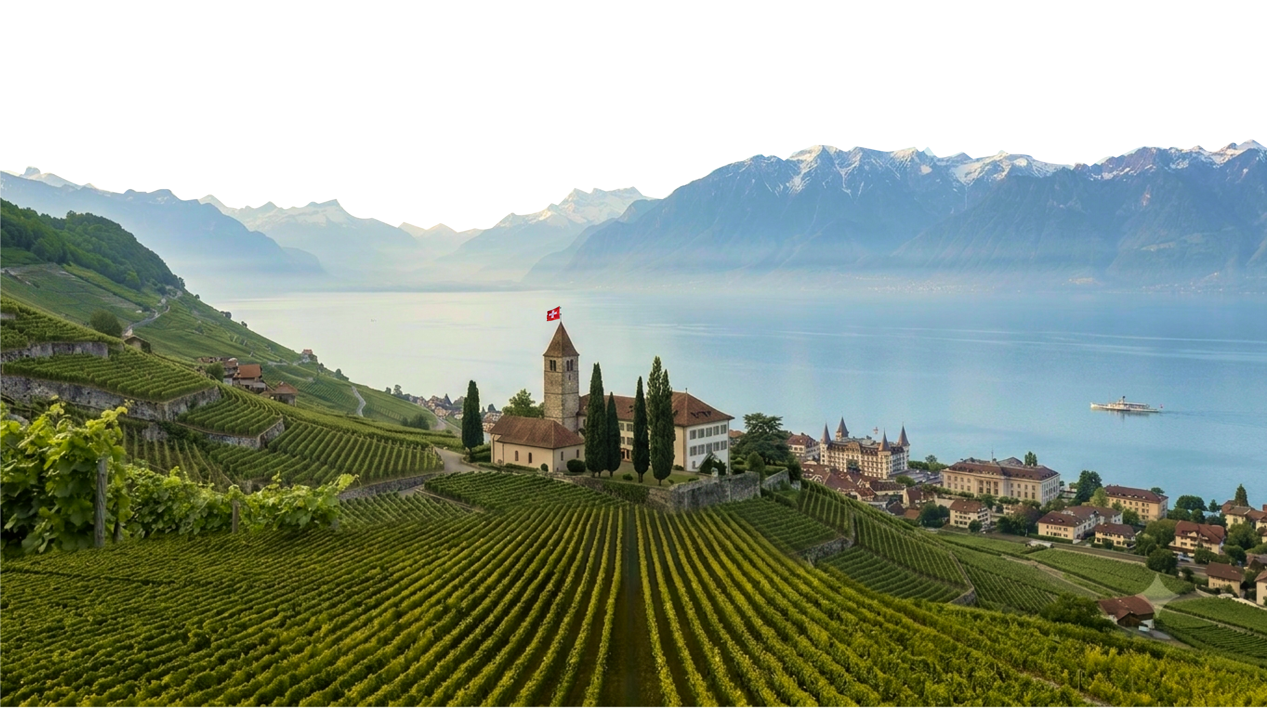 Village et vignobles en terrasses au bord du lac.