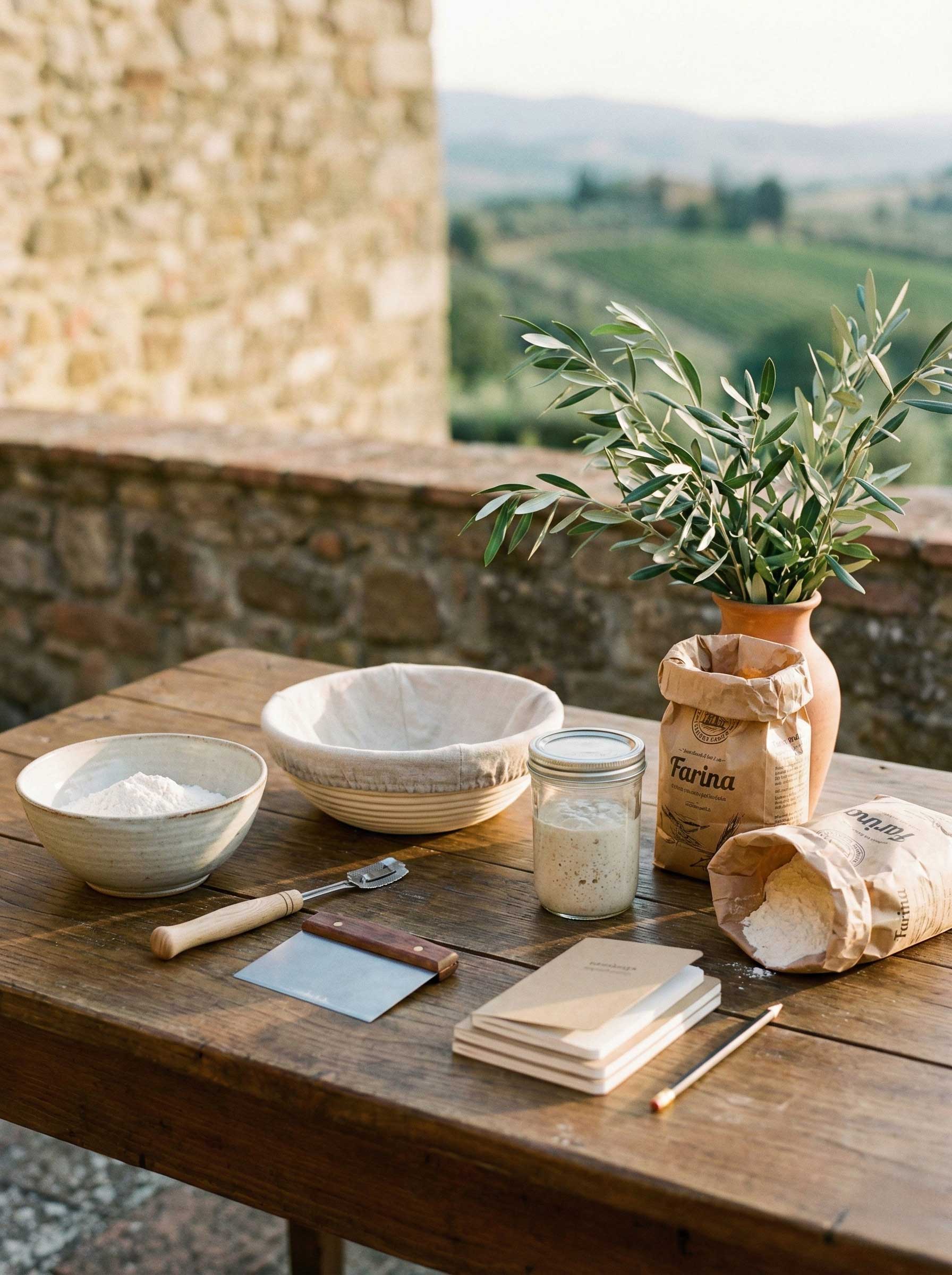 Baking ingredients and tools laid out on a rustic table.