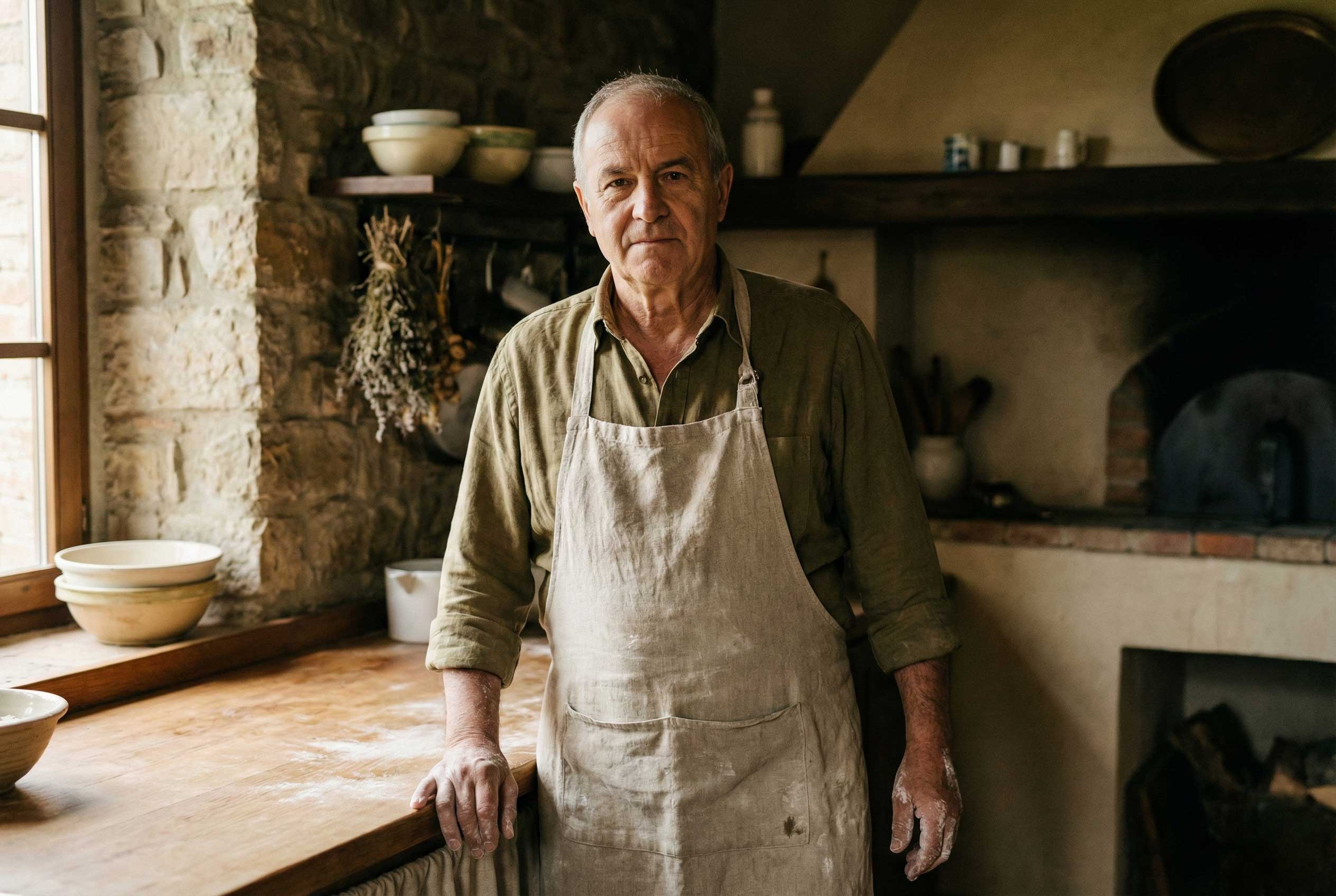 Giovanni Rossi standing in a rustic kitchen, hands dusted with flour.