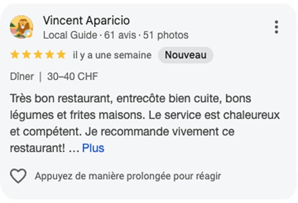 Un avis Google 5 étoiles récolté pendant le challenge.