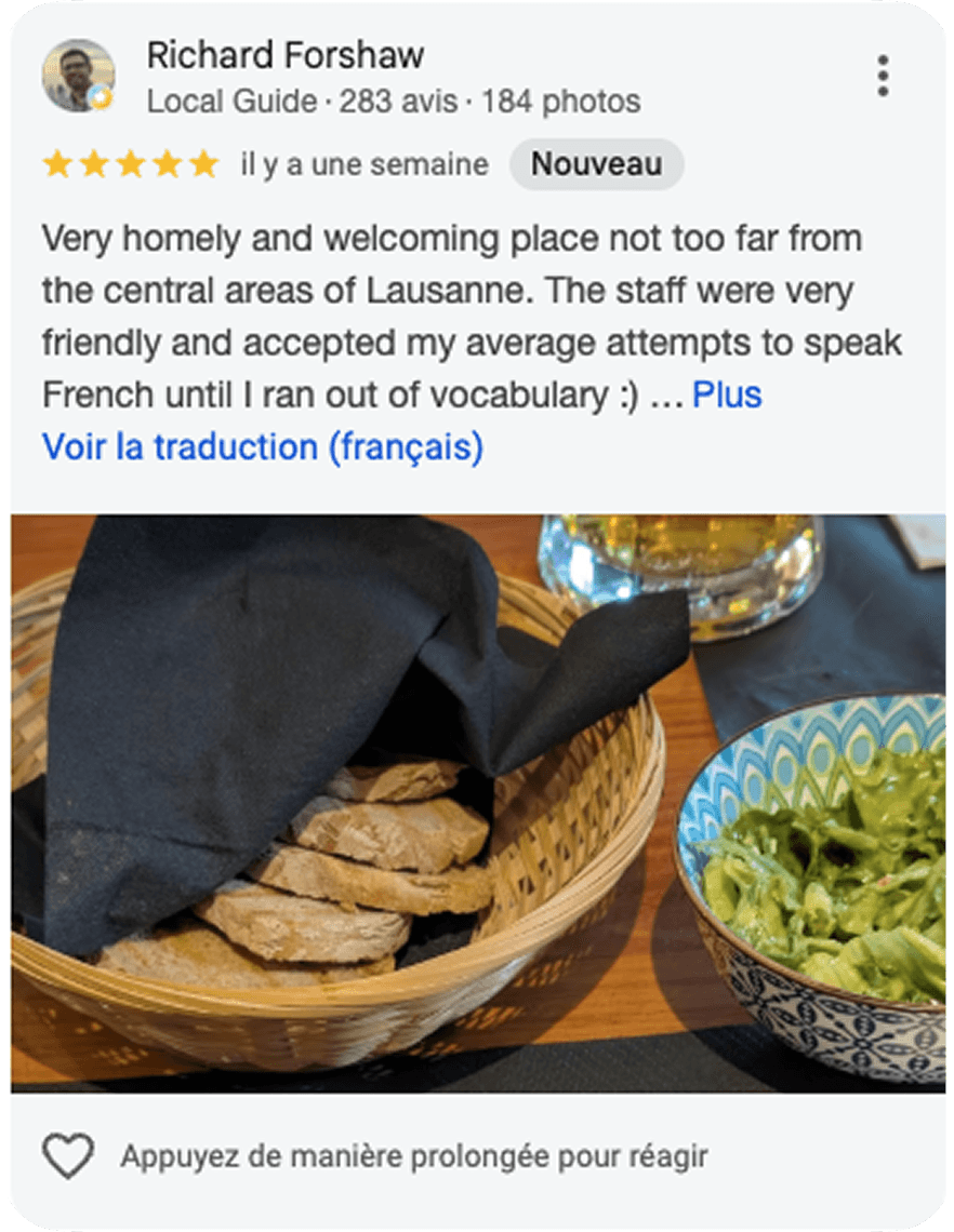 Un avis Google 5 étoiles récolté pendant le challenge.