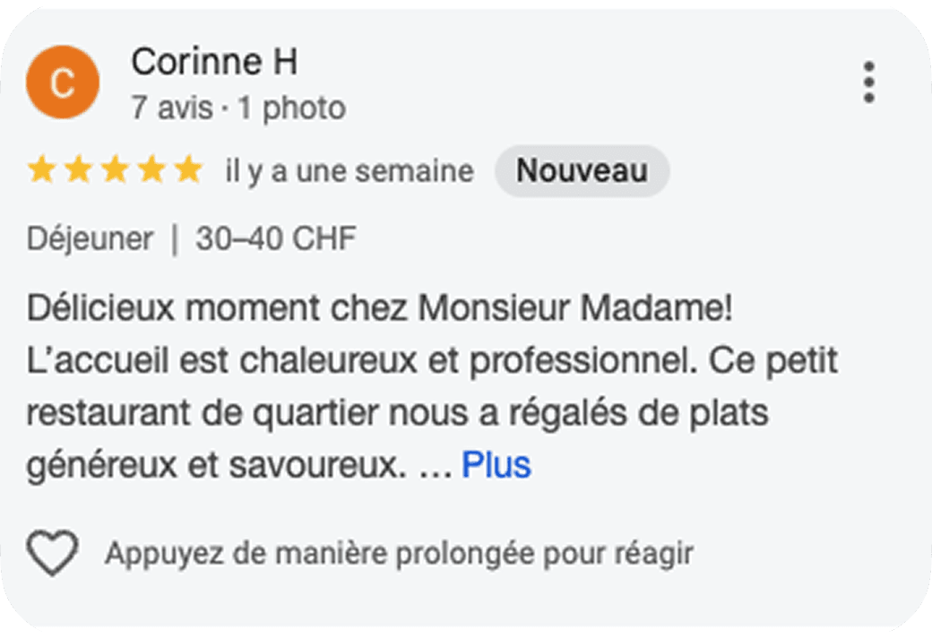 Un avis Google 5 étoiles récolté pendant le challenge.