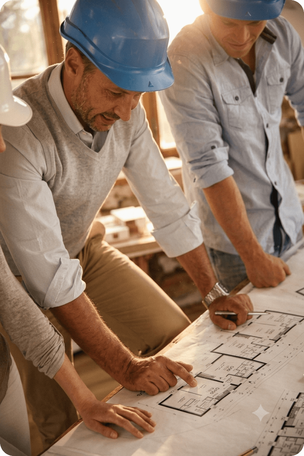 Des artisans du bâtiment devant leurs plans